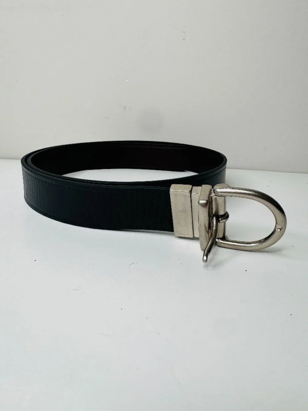Fossil Leather Reversible Belt Mens L Black Brown Twist and Turn Metal Chrome Bu